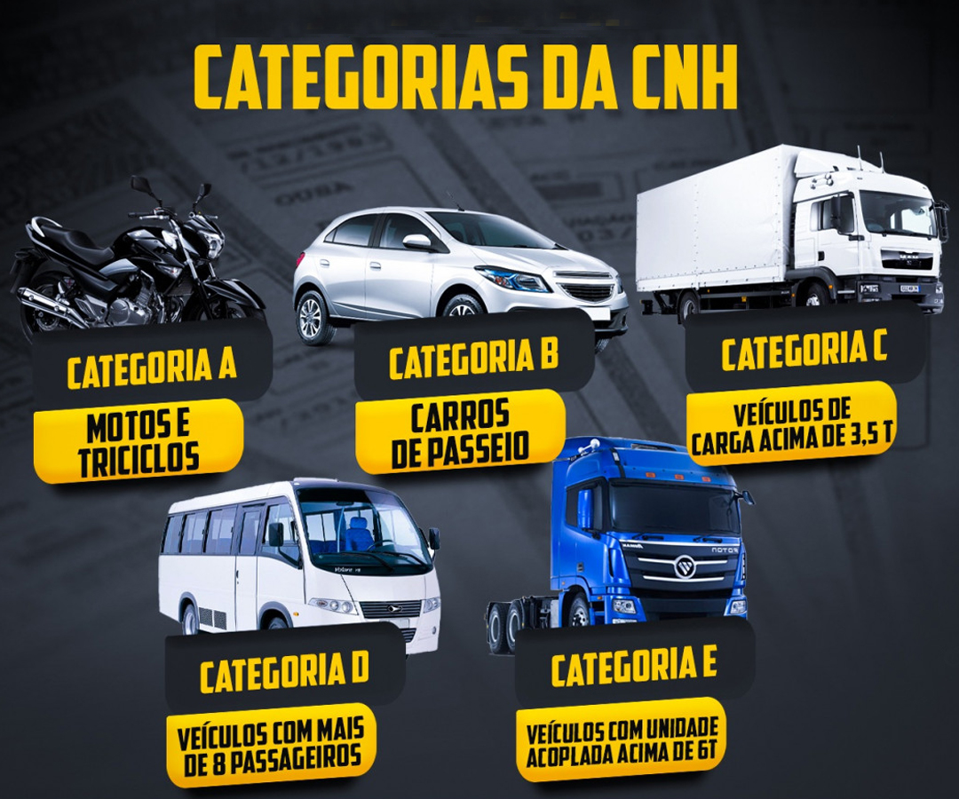 Tipos de Categorias de Carteira de Habilitação Disponíveis